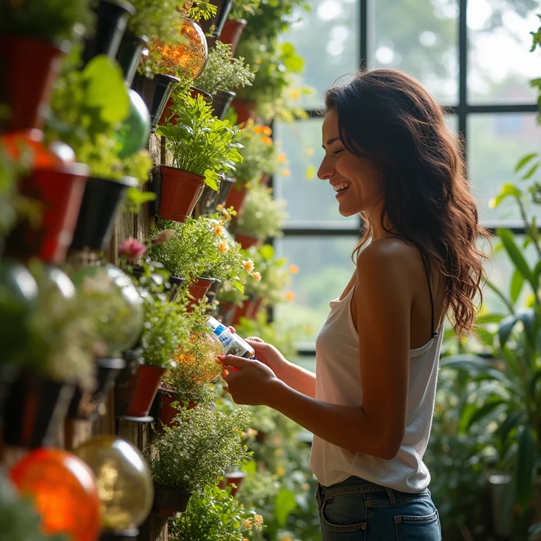 Mulher jovem e sorridente cuidando de cascata de garrafas PET com plantas