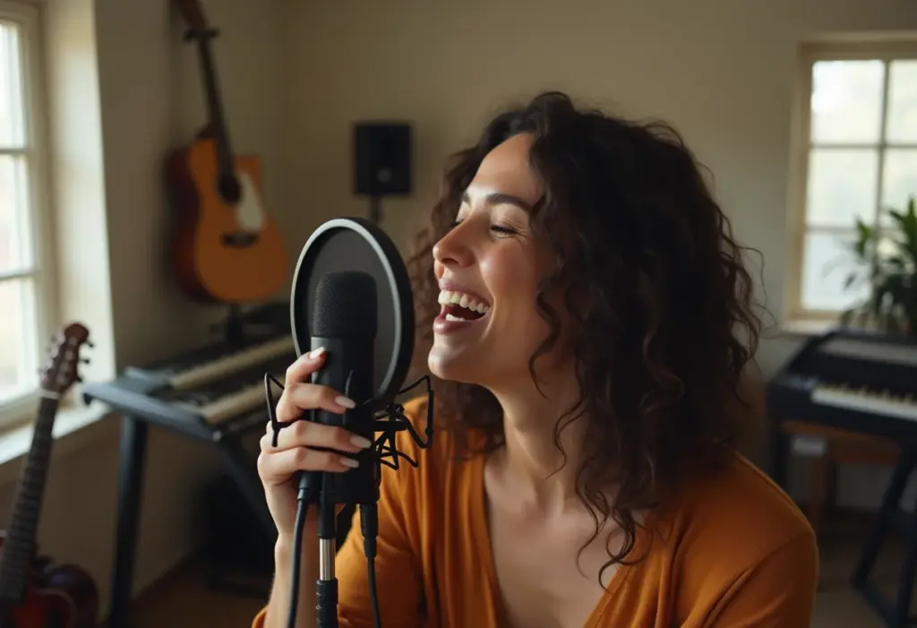 Mulher jovem e sorridente trabalhando em home studio.