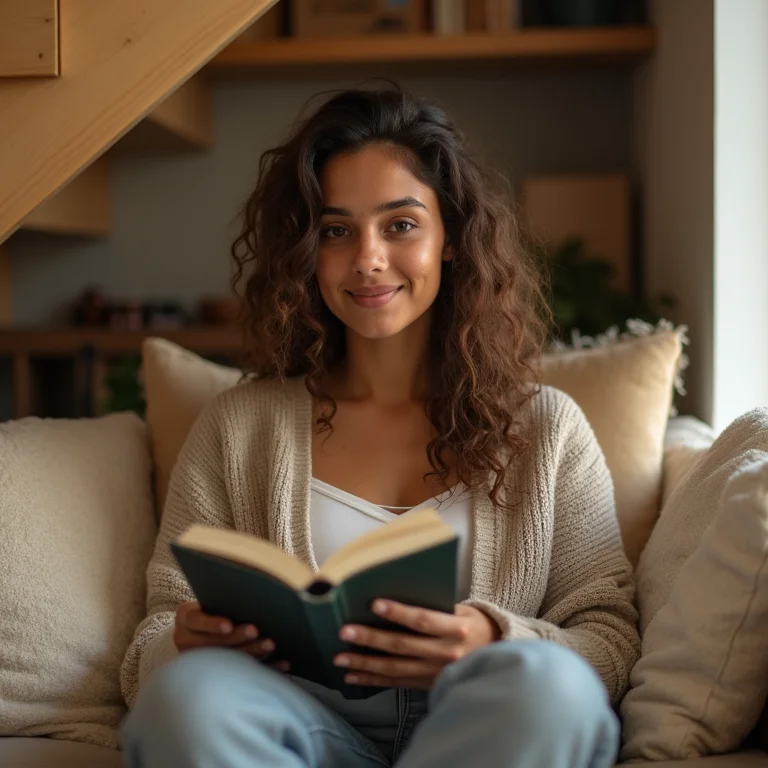 Mulher jovem lendo em um cantinho de leitura embaixo da escada.