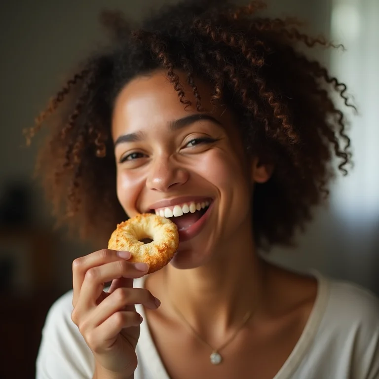 Mulher jovem mordendo um pão francês crocante.
