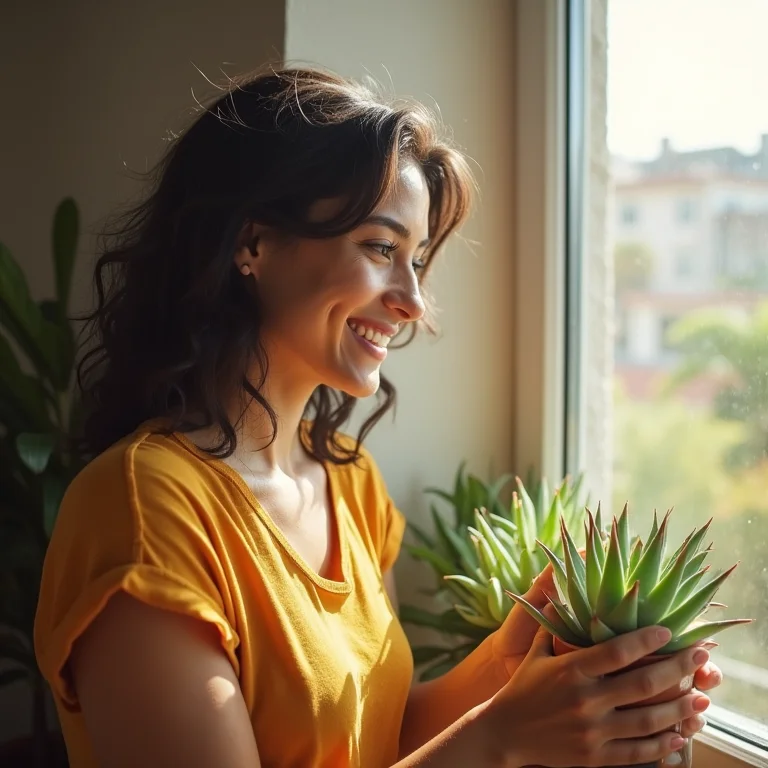 Mulher jovem morena colocando suculenta na janela ensolarada.