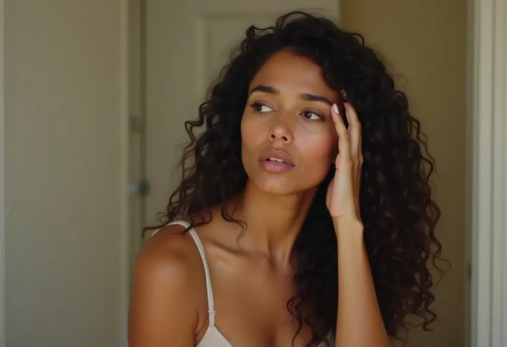 Mulher jovem morena preocupada com a psoríase no couro cabeludo.