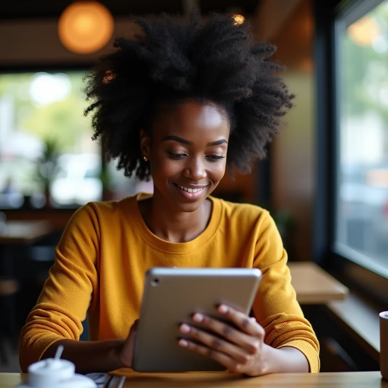 Mulher lendo reviews de restaurantes em um tablet.