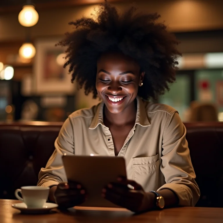 Mulher lendo reviews de viagem no TripAdvisor em um tablet