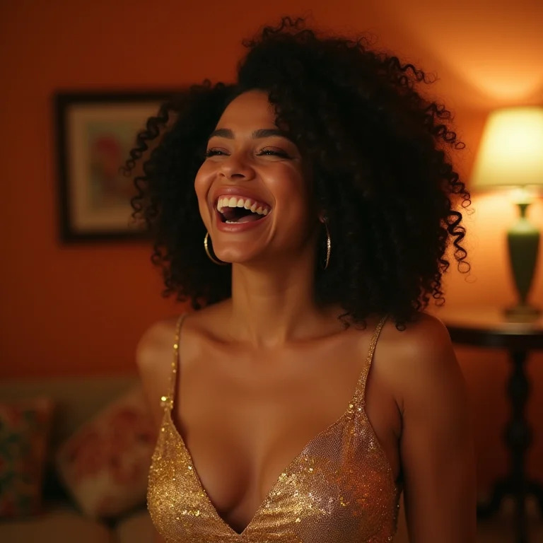 Mulher leonina exuberante com vestido de paetês dourado.