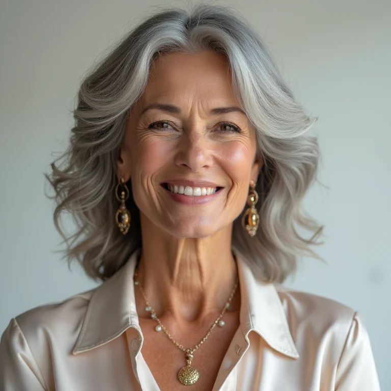 Mulher libriana madura com blusa de seda e joias delicadas.