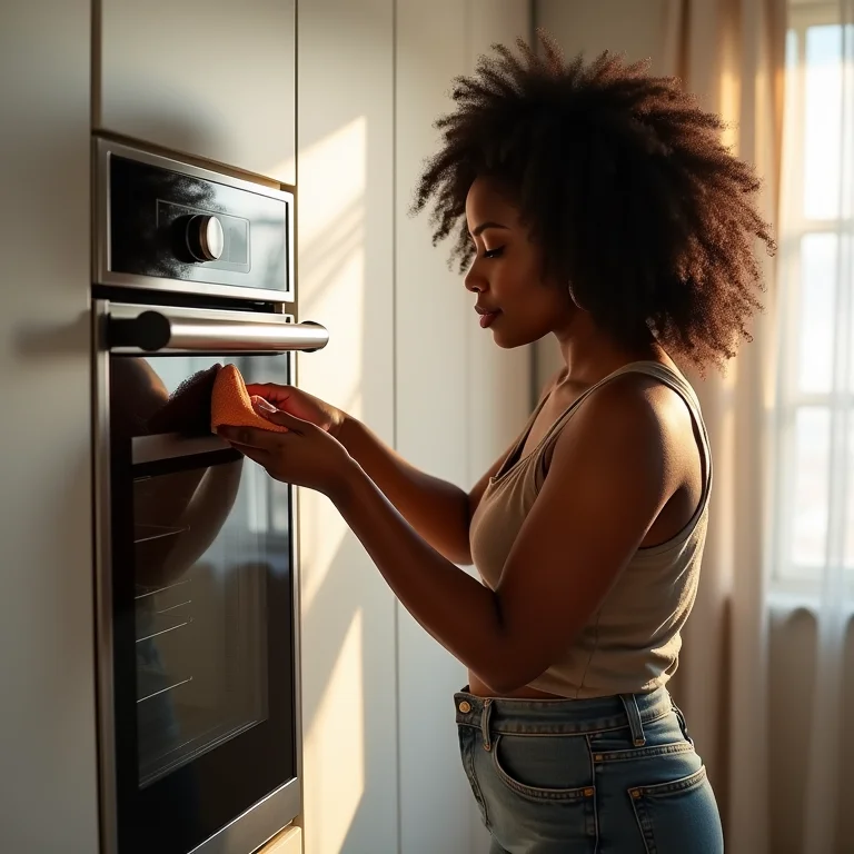 Mulher limpando forno embutido com facilidade