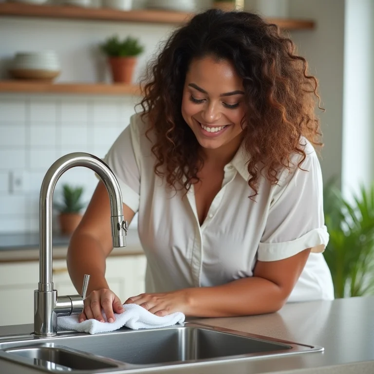 Mulher limpando pia de inox com pano macio