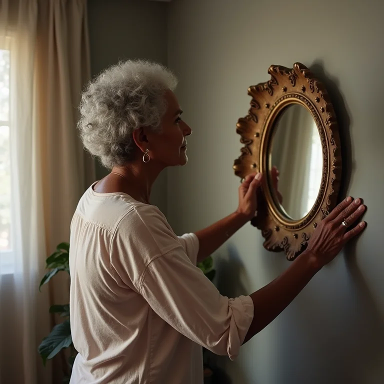 Mulher madura ajustando espelho grande em sala pequena