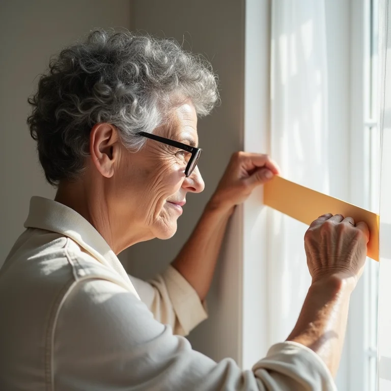 Mulher madura aplicando fita de pintor na parede.