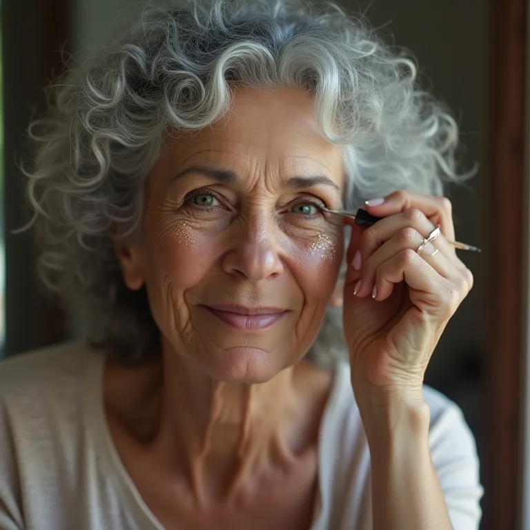 Mulher madura aplicando glitter nos olhos.