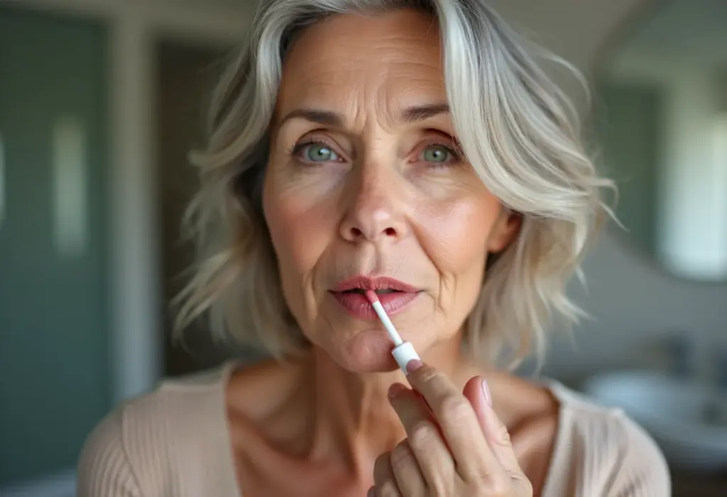 Alerta: O erro no lip tint que está envelhecendo seus lábios Mulher madura aplicando lip tint