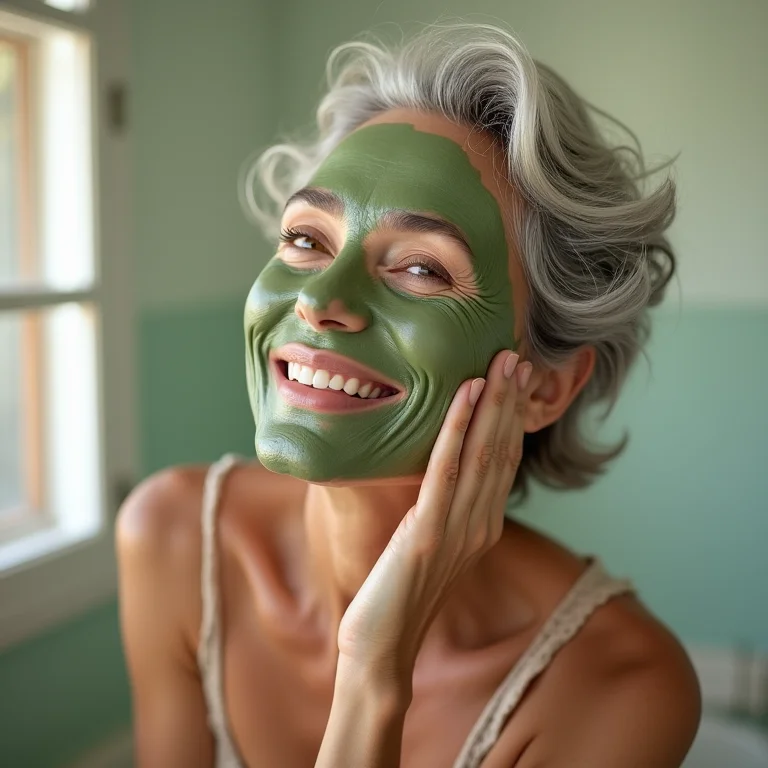 Mulher madura aplicando máscara facial