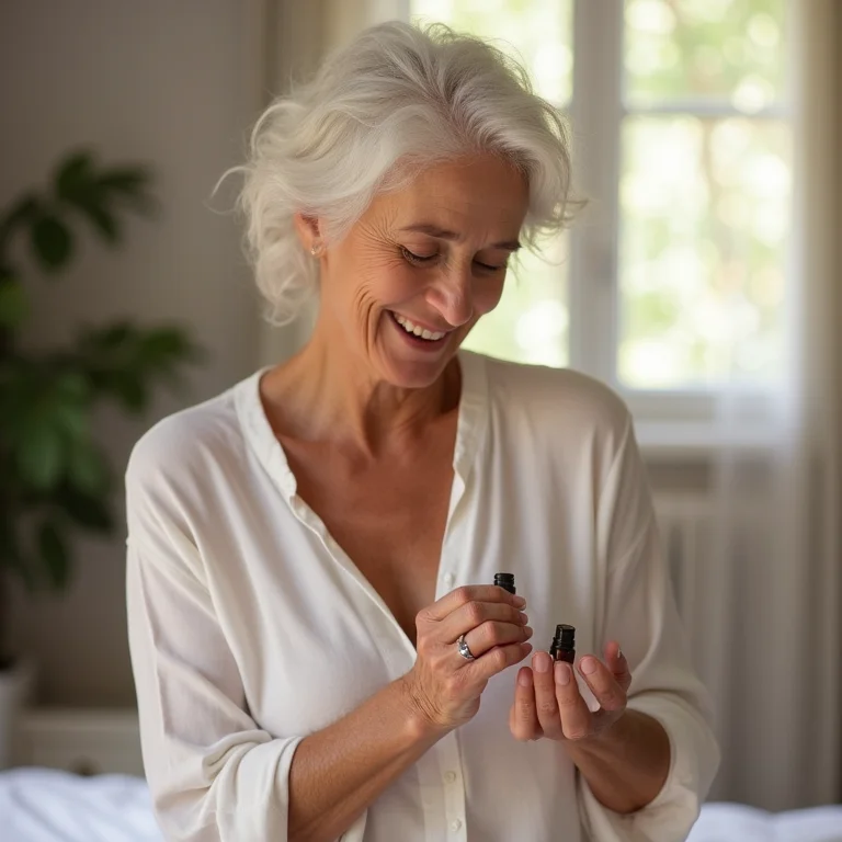 Mulher madura aplicando óleo essencial de lavanda