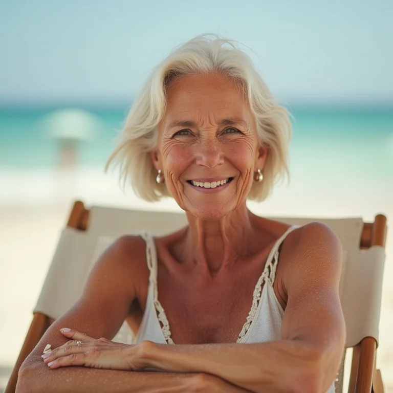 Mulher madura aplicando protetor solar na praia.
