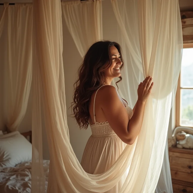Mulher madura arrumando dossel de cama em quarto boho.