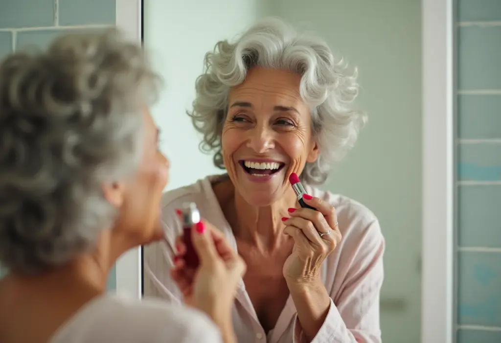 Mulher madura brasileira sorrindo enquanto aplica batom