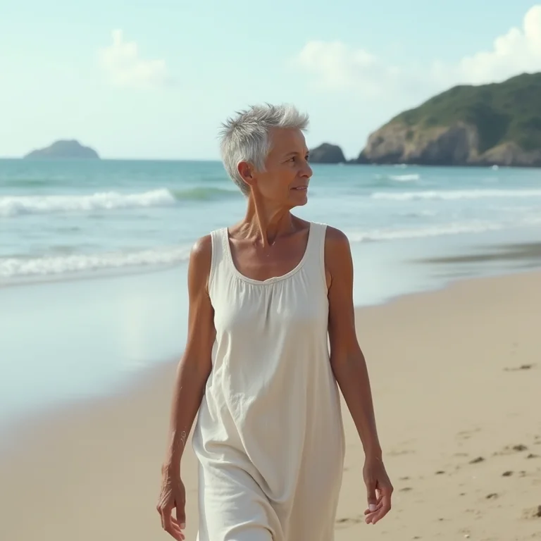 Mulher madura caminhando nas dunas da Praia do Cassino