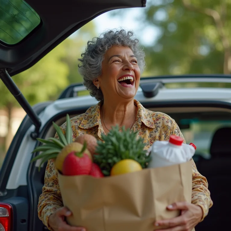 Mulher madura colocando compras no carro