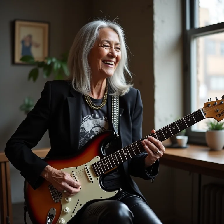 Mulher madura com calça de couro e guitarra elétrica