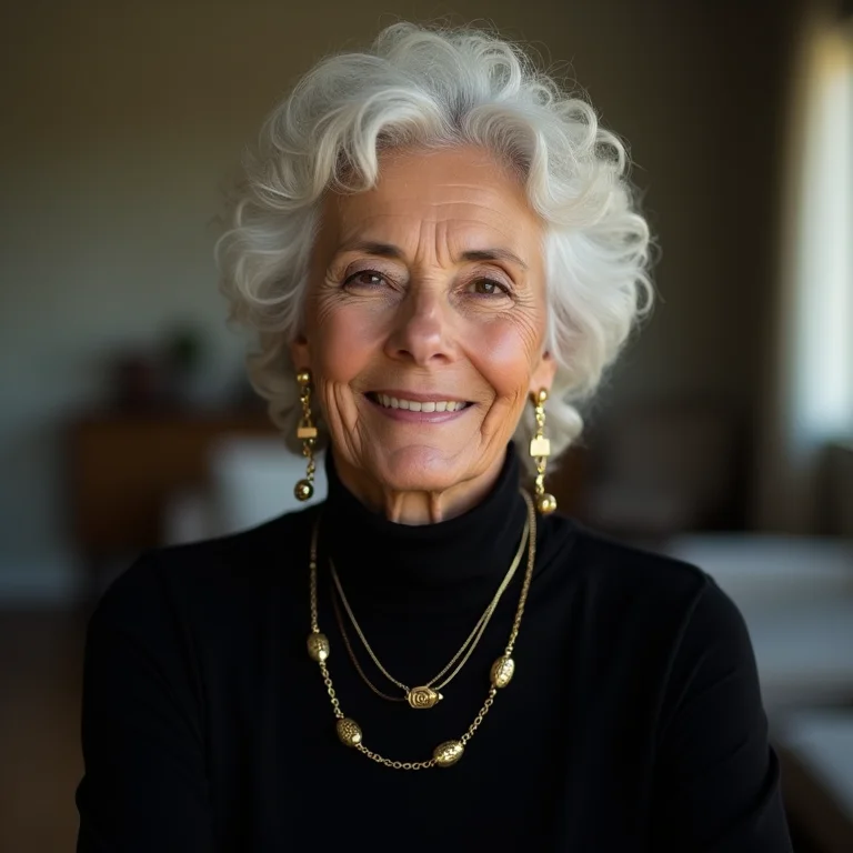 Mulher madura com gola alta, colar longo e brincos