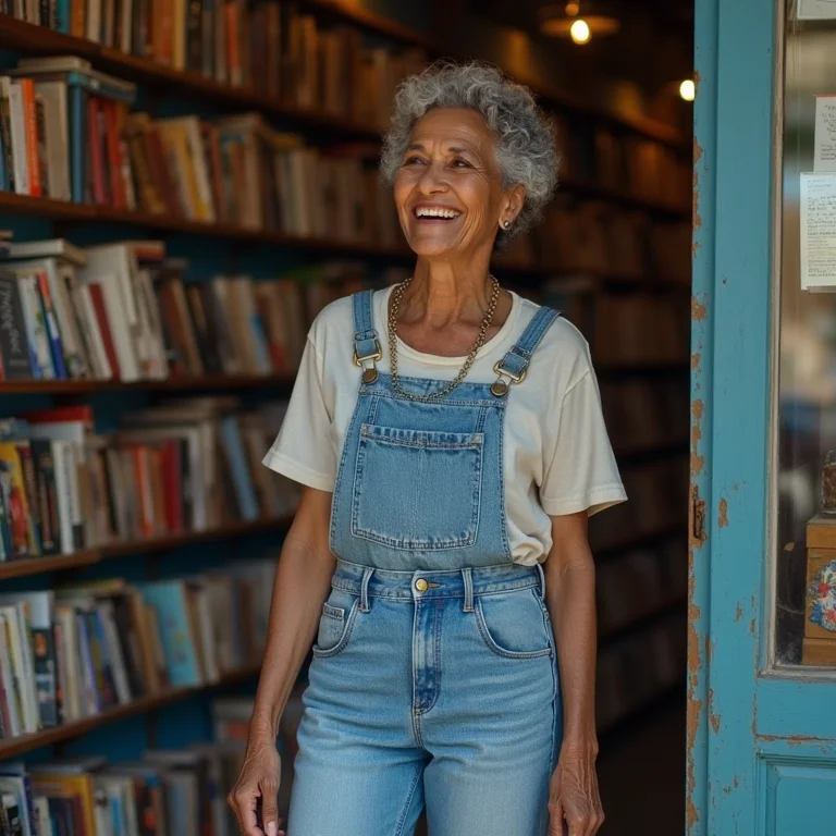 Mulher madura com jeans e All Star em frente à livraria
