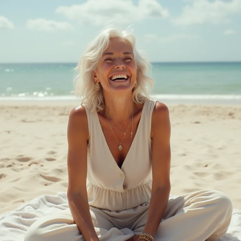 Mulher madura com macacão de linho para o ano novo na praia