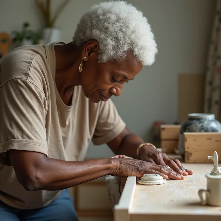 Mulher madura criando sua penteadeira DIY.