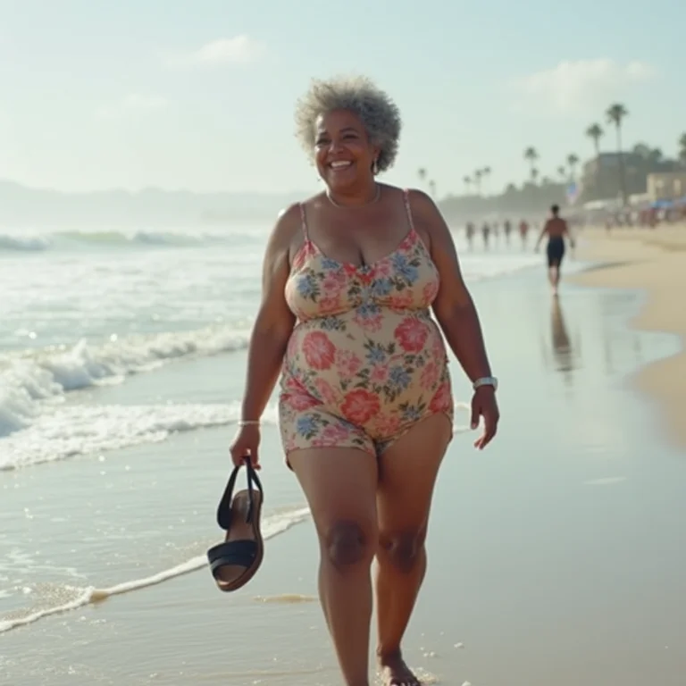 Mulher madura e plus-size curtindo a praia de Venice