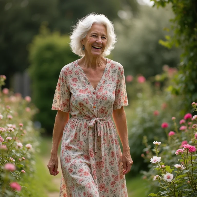 Mulher madura e sorridente com vestido floral e sandálias de pescador em jardim florido.