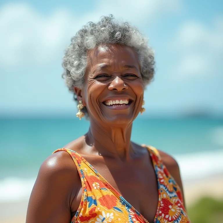 Mulher madura e sorridente curtindo a Praia do Félix, uma das mais bonitas do Litoral Norte.