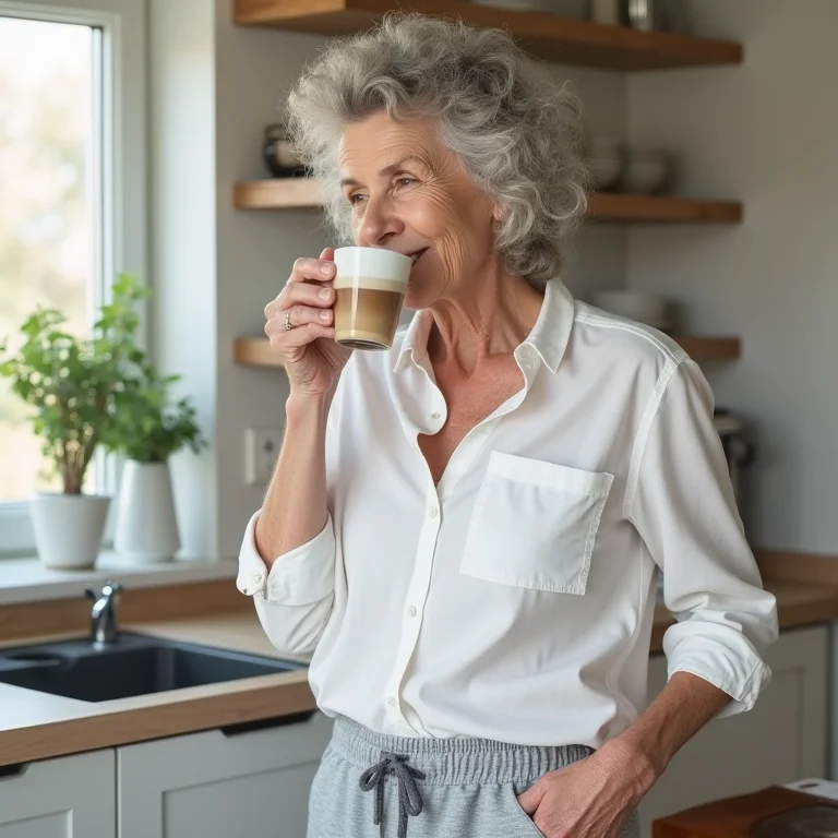 Mulher madura elegante com calça de moletom e camisa social.