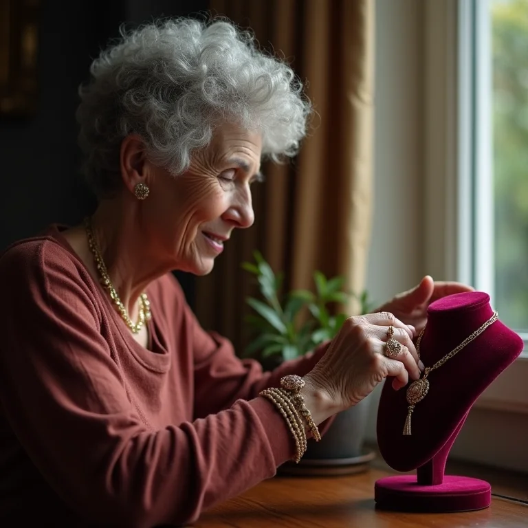 Mulher madura escolhendo acessórios vintage