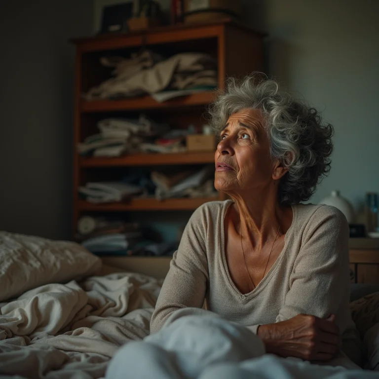 Mulher madura estressada com bagunça no quarto