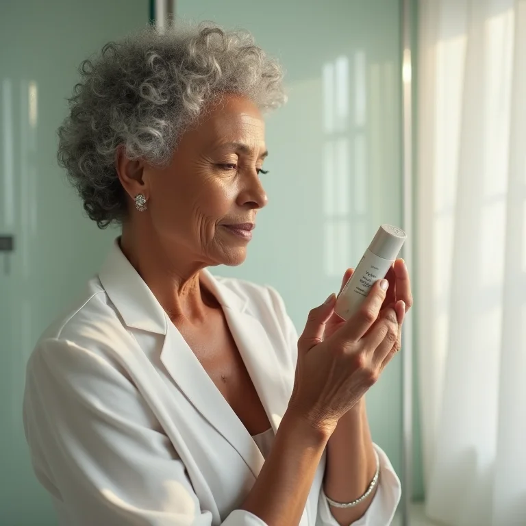 Mulher madura examinando produto de beleza coreano