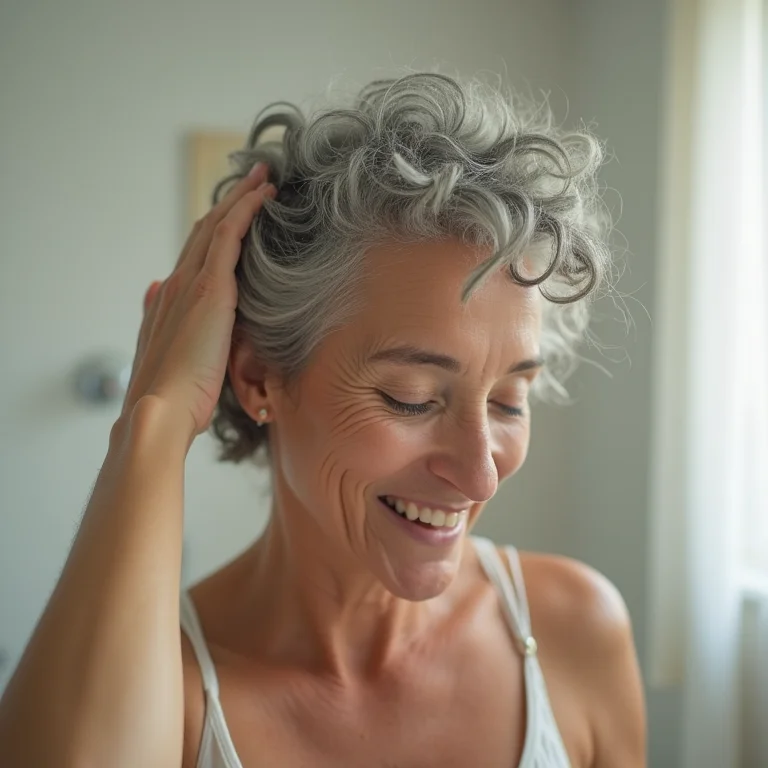 Mulher madura hidratando o couro cabeludo com óleo natural.