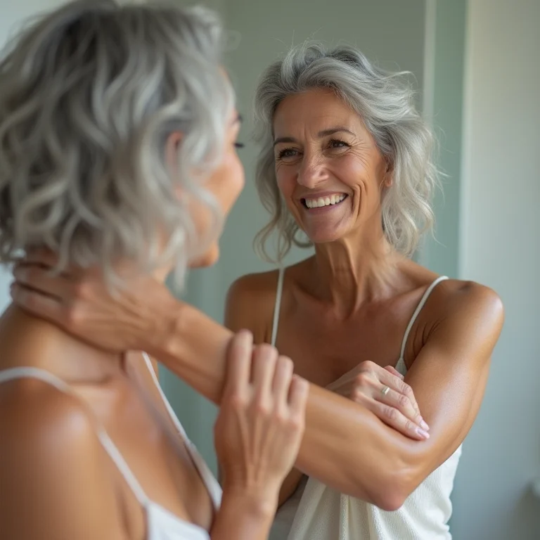 Mulher madura hidratando os cotovelos para evitar manchas