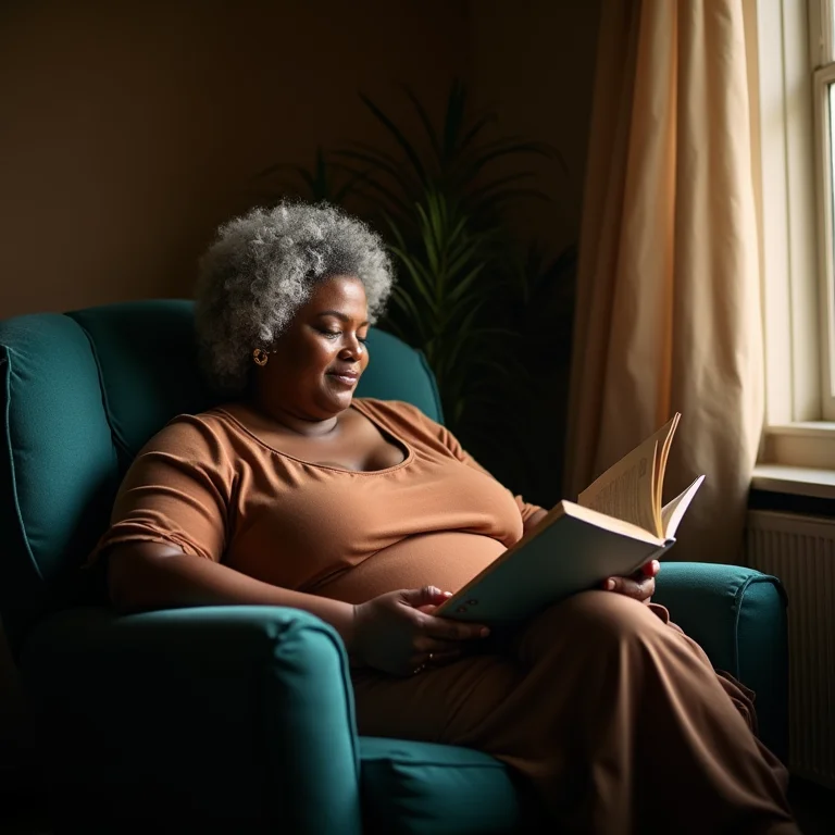 Mulher madura lendo em uma sala bem iluminada.
