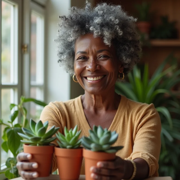 Mulher madura negra distribuindo lembrancinhas criativas.