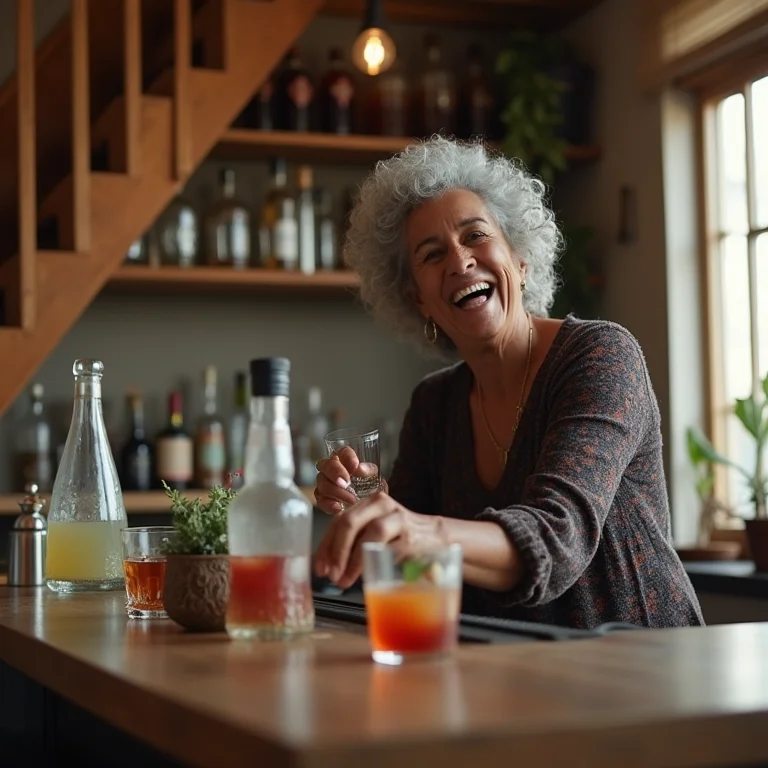 Mulher madura preparando bebida em bar embaixo da escada.