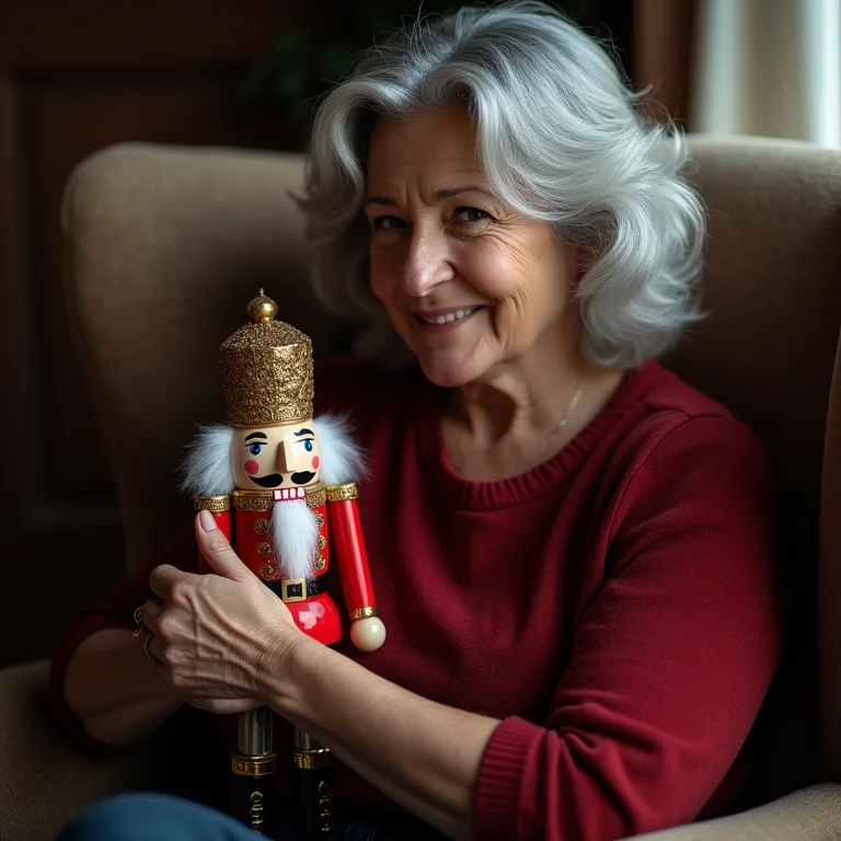 Mulher madura segurando boneco Quebra Nozes
