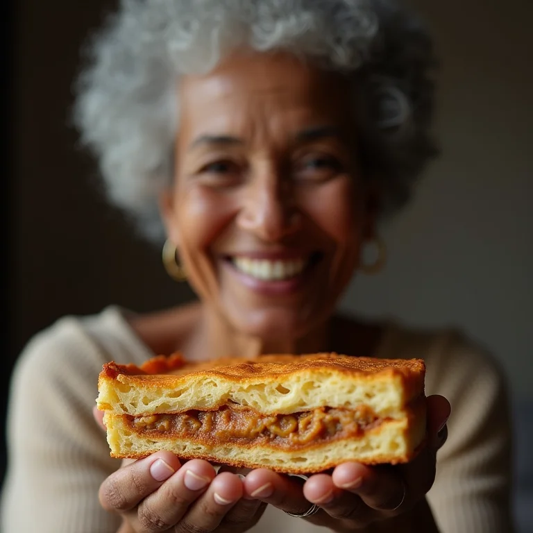Mulher madura segurando fatia de empadão goiano.