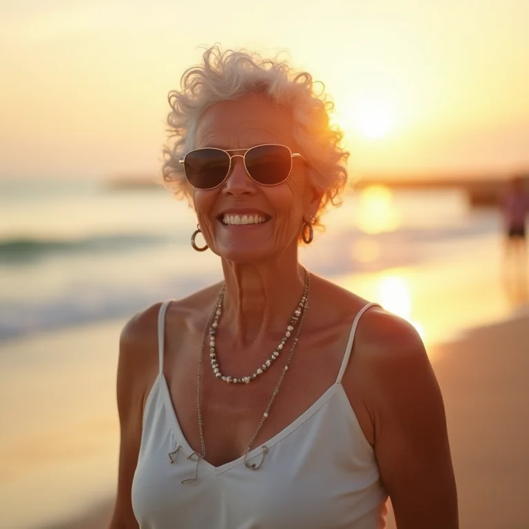 Mulher madura sorrindo e caminhando na praia com segurança.