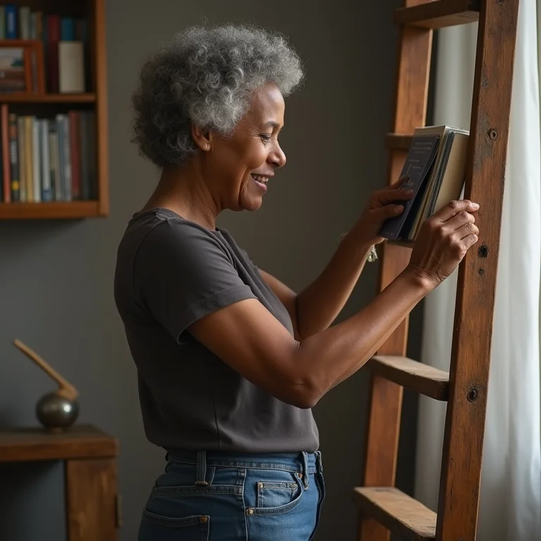 Mulher madura usando escada antiga como estante