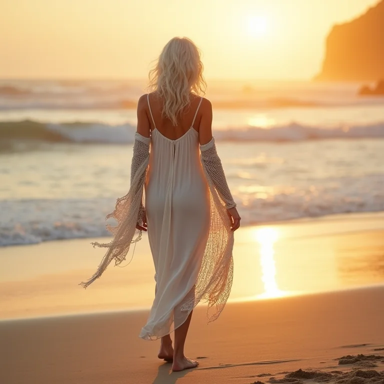 Mulher madura usando slip dress boho na praia ao pôr do sol.