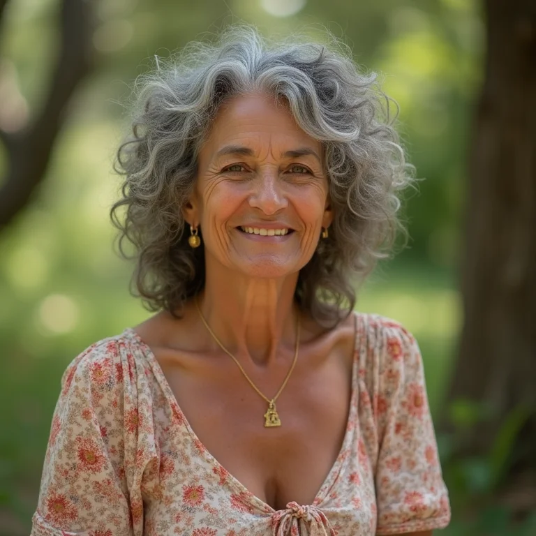 Mulher madura vestindo vestido floral em piquenique.