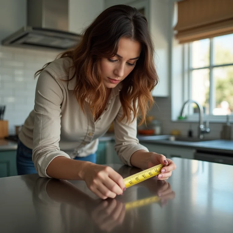 Mulher medindo bancada de inox na cozinha