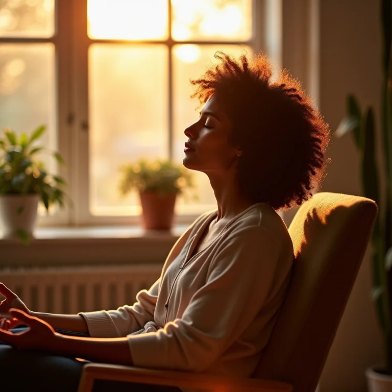 Mulher meditando em cadeira confortável em sala ensolarada