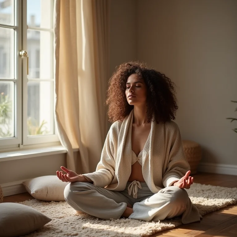 Mulher meditando em casa