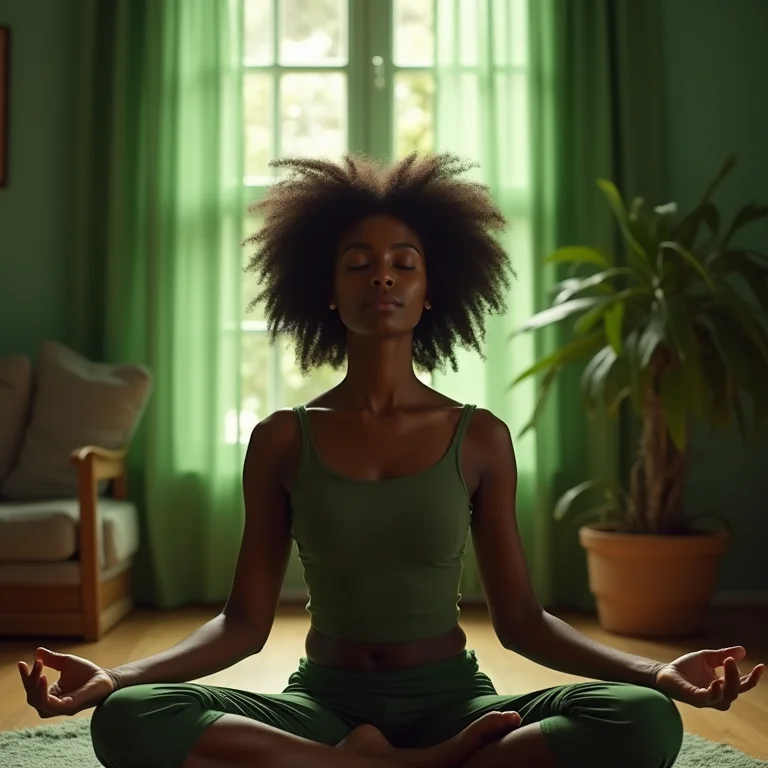 Mulher meditando em sala verde
